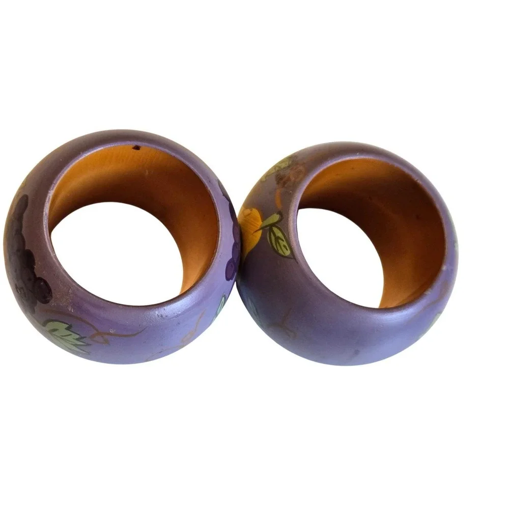 Vintage Hand Painted Wooden Fruit Napkin Rings Set 2 Farmhouse Country Decor